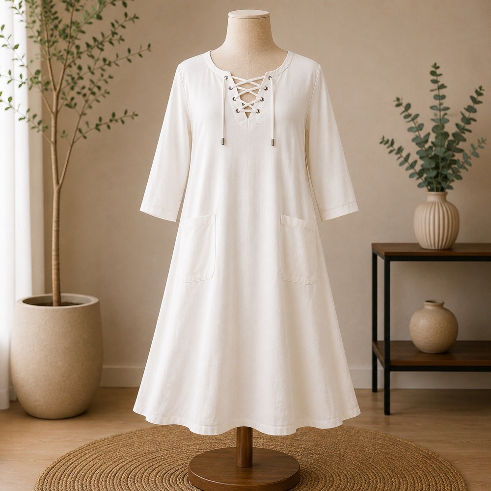 NWOT Zuda Lace Up Neck French Terry Dress Womens XL White 3/4 Sleeve Pockets
